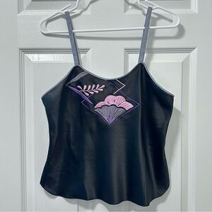 Natori Vintage Black Sleep Camisole with Purple Floral Embroidery